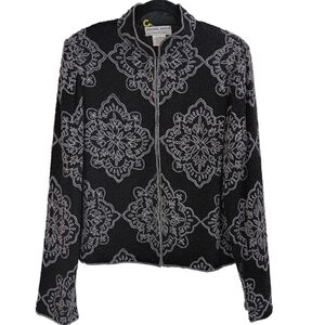 ADRIANNA PAPELL Vintage Beaded Dress-up Jacket Womens Size L Black Silk